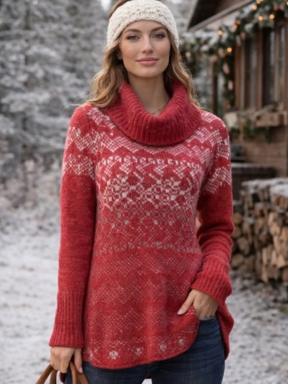 Free People | Women’s Red/White Wool Blend Nordic Fair Isle Cowl Neck Sweater M